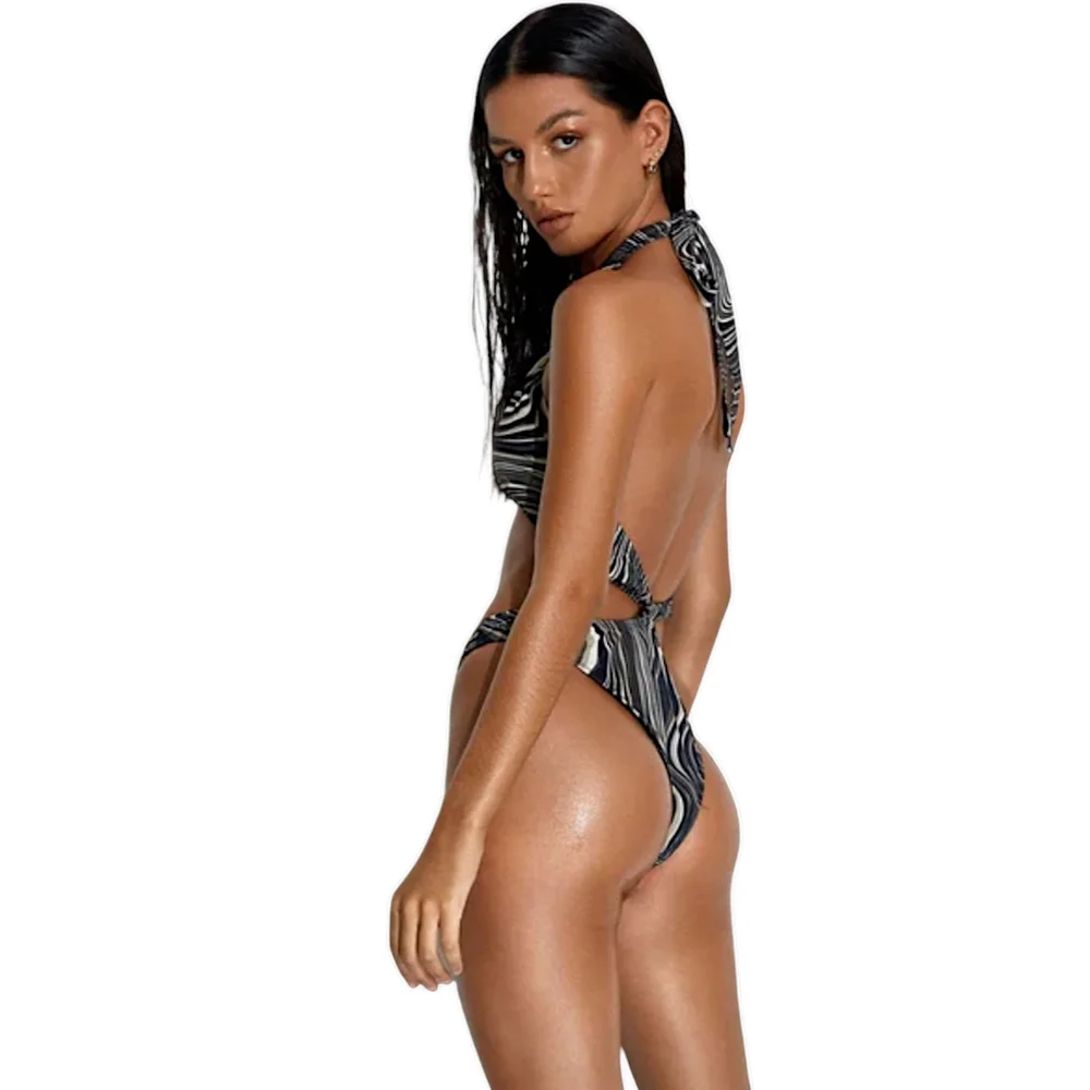 Motel Rocks 'Ricky' 70's Ripple Brown Swirl Swimsuit, Small, Brown/Black/Cream